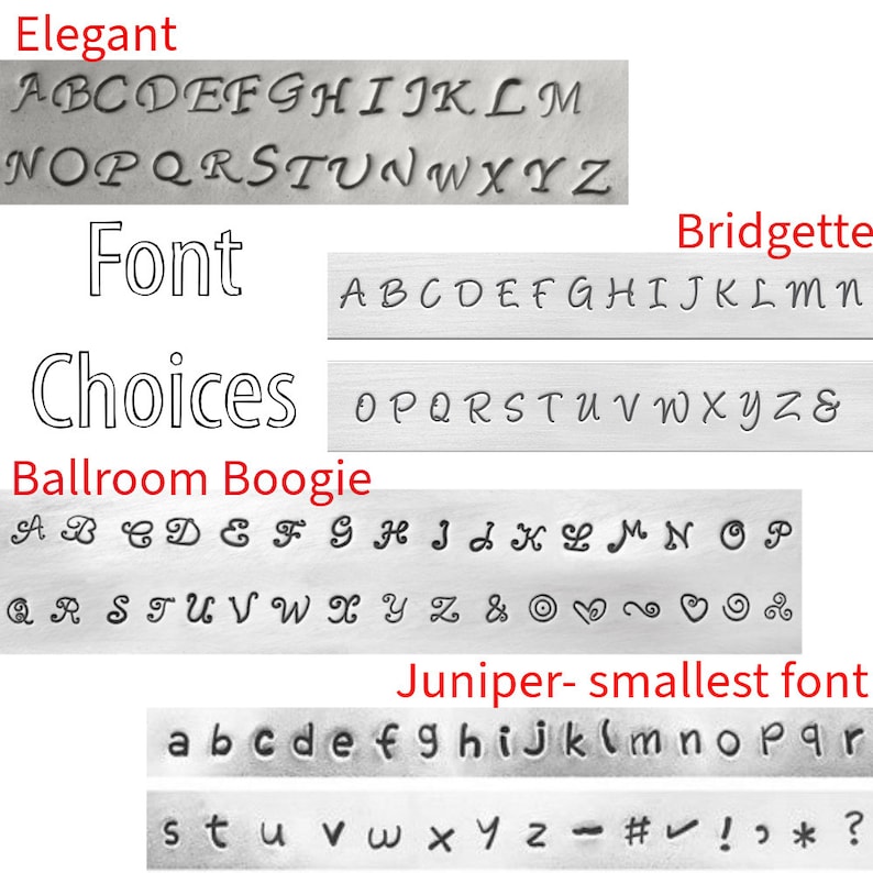 May include: Image showing different font styles for a custom jewelry piece. The font styles are Elegant, Bridgette, Ballroom Boogie, and Juniper. The image shows the alphabet in each font style.