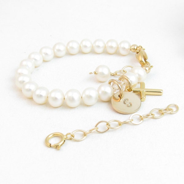 Wee One to Wedding Real Pearl Bracelet w/ Gold Initial & Cross Charm, Personalized Baptism Chistening 1st Communion Confirmation Jewelry