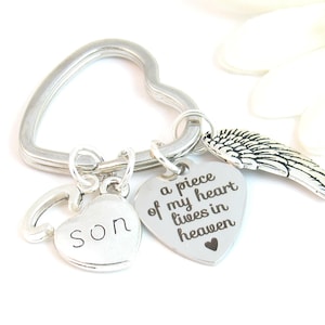May include: A silver heart-shaped keychain with three charms. One charm reads "SON", another is a heart with the inscription "a piece of my heart lives in heaven", and the third is a small wing. The keychain is on a white background.