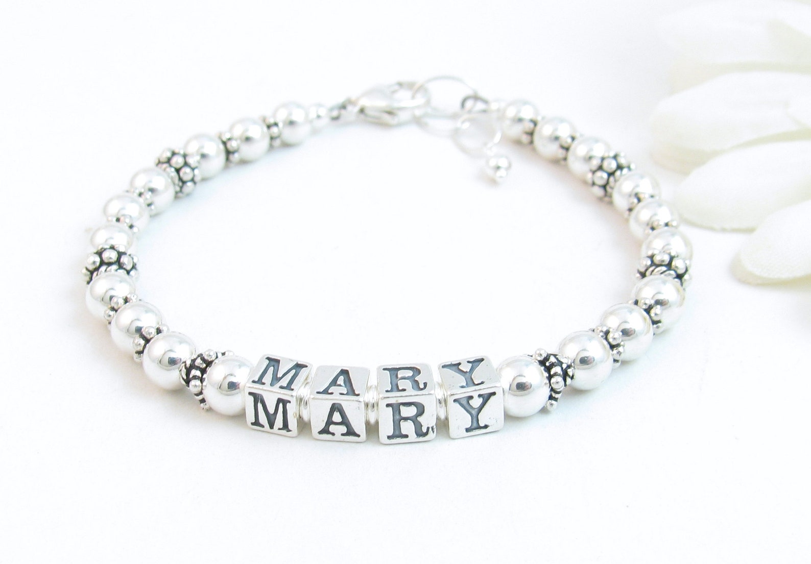 Adult Sterling Silver Beaded Name Bracelet Mom Bracelet With Etsy