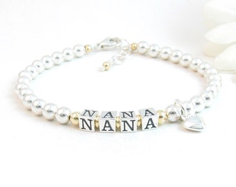 Pulsera con nombre y cuentas de oro y plata esterlina, regalo para Nana, Mimi, Gigi, abuela, Grammy, Gramma, Lolli, Mema, joyería personalizada, Día de la Madre