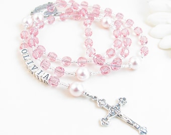 Little Girl Personalized Pink Rosary, First Communion Confirmation Baptism Christening Naming Ceremony Gift, Child Prayer Beads with Name