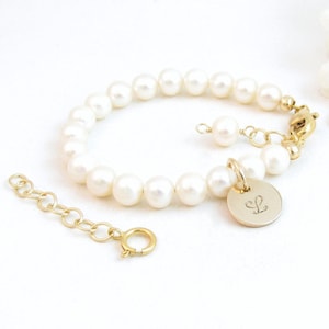 Grow with Me Real Pearl Bracelet w/ Gold Initial Charm, Personalized Pearl Jewelry w/ Gold Clasp & Extender, Girl Baptism Christening Gift