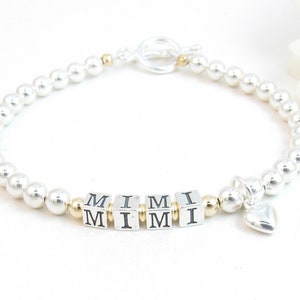 Gold & Sterling Silver Two-Tone Beaded Name Bracelet, Gift for Mom w/ Kid&#39;s Name, Personalized Jewelry, Nana Mimi Gigi Grandma Nonna ID