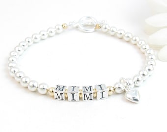 Gold & Sterling Silver Two-Tone Beaded Name Bracelet, Gift for Mom w/ Kid's Name, Personalized Jewelry, Nana Mimi Gigi Grandma Nonna ID