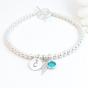 Sterling Angel Wing Bracelet w/ Initial & Birthstone, Memorial Jewelry Gift, Loss of Son Husband Child Baby Daughter Brother Sister