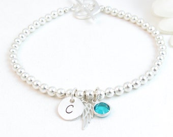 Sterling Angel Wing Bracelet w/ Initial & Birthstone, Memorial Jewelry Gift, Loss of Son Husband Child Baby Daughter Brother Sister