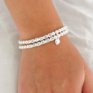 Sterling Silver Beaded Bracelet 2 Children&#39;s Names, Gift for Mom or Grandmother, Jewelry w/ Two Kids Children&#39;s Names, Adult Name Jewelry