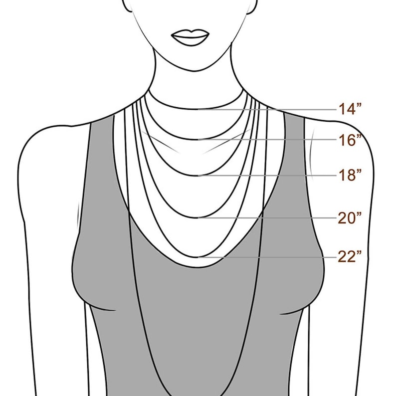 May include: Diagram showing different necklace lengths on a model, from 14 inches to 22 inches.