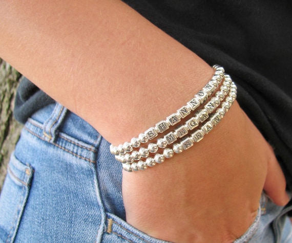 Sterling Silver Beaded Bracelet W/ 3 4 