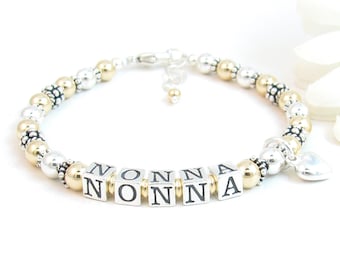 Gold & Silver Beaded Name Bracelet, Mother's Day Gift for Grandma Gigi Mimi Nana Nonna Mom Grandmother Gramma, Personalized Two-Tone Jewelry