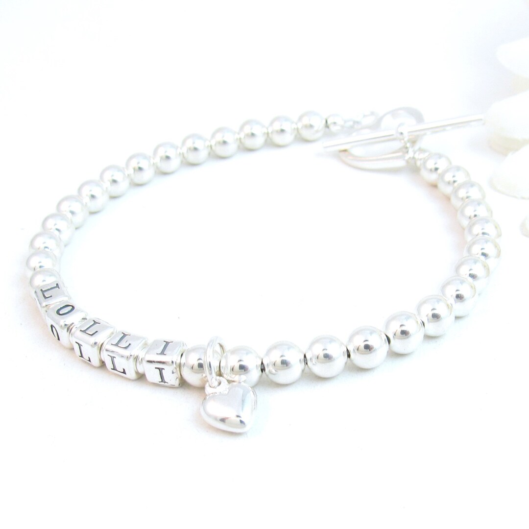 Sterling Silver Beaded Name Bracelet, Mom Bracelet W/ Child's Name