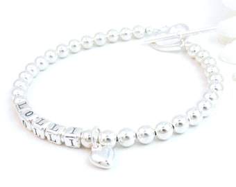 Sterling Silver Beaded Name Bracelet, Mom Bracelet w/ Child&#39;s Name, Personalized Gift for New Mom, Name Jewelry for Teen Tween, Push Present