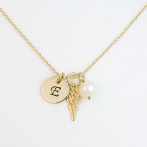 Gold Angel Wing Necklace w/ Initial & Pearl, Sympathy or Memorial Gift, Loss of Son Husband Baby Child Daughter, Memorial Jewelry for Women image 4