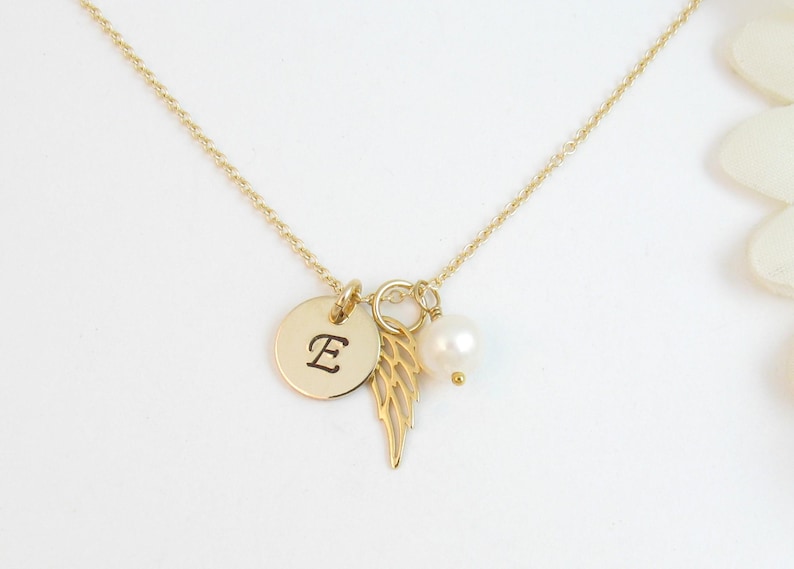 Gold Angel Wing Necklace w/ Initial & Pearl, Sympathy or Memorial Gift, Loss of Son Husband Baby Child Daughter, Memorial Jewelry for Women image 4