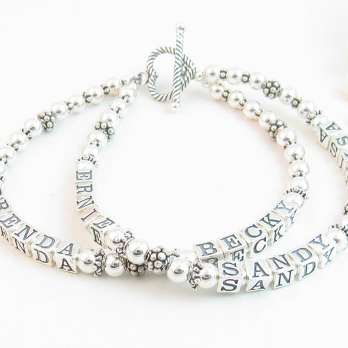 Two Strand Bracelet w/ Five Four or Three Kids' Names, Gift shops for Mom, Personalized Silver Jewelry w/ 3 4 5, Nana Mimi Gigi Grandma Nonna
