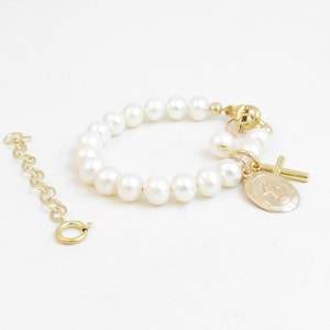 Wee One to Wedding Real Pearl Bracelet w/ Gold-Filled Virgin Mary & Cross Charms, Baptism Christening Communion Confirmation Jewelry Gift