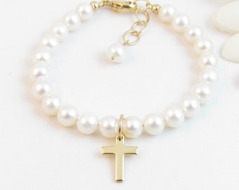 Real Pearl Bracelet w/ Gold Cross Charm for Child Little Girl Tween Teen, Pearl Christening Baptism First Communion Confirmation Gift