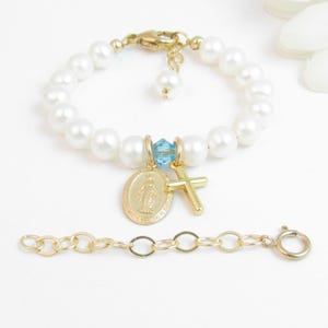Wee One to Wedding Real Pearl Bracelet w/ Gold-Filled Virgin Mary & Cross Charms, Baptism Christening Communion Confirmation Jewelry Gift