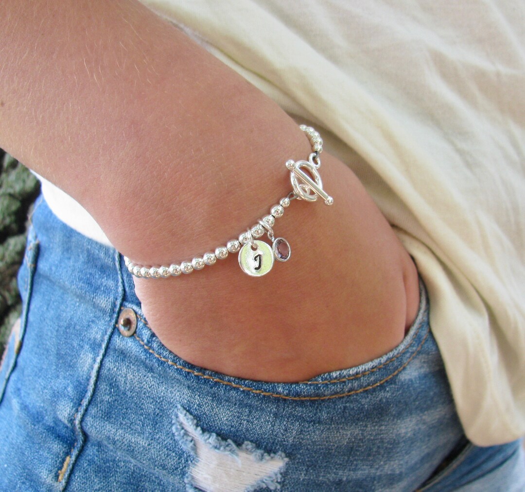4mm Sterling Silver Beaded Initial Bracelet W/ Birthstone Etsy