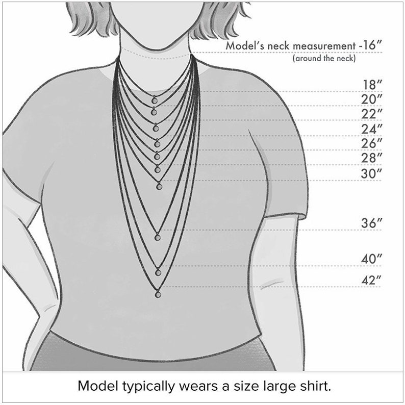 May include: A diagram showing different necklace lengths, ranging from 18 inches to 42 inches. The model's neck measurement is 16 inches. The text states that the model typically wears a size large shirt.