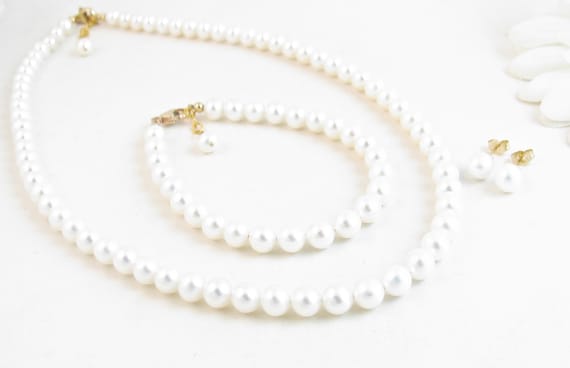 Ladies 6mm Real Pearl Necklace Bracelet & Stud Earrings Set - Etsy