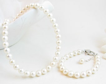 Child Real Pearl Necklace & Bracelet Set, White Round Freshwater Pearl Matching Jewelry Gift, Flower Girl Wedding, Sterling Silver, 5.5-6mm