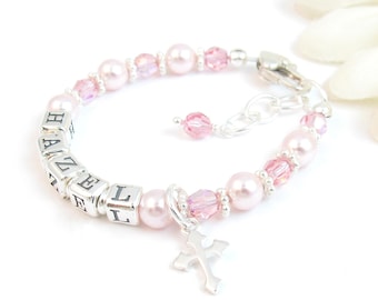 Pink Pearl Baby Name Bracelet, Girl Custom Beaded Sterling Silver Charm Bracelet, Child Name Jewelry, Baptism or Christening Gift, Birthday