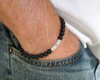 Men's Personalized Black Onyx Bracelet w/ Sterling Silver Initial Monogram or Name, Unisex 6mm Black Beaded Bracelet, Gift for New Dad