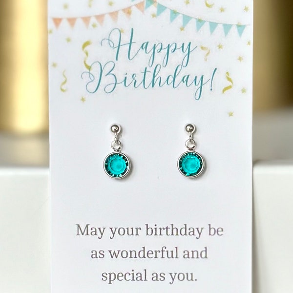 Crystal Birthstone Earrings for Kids Child Girl, Birthday Gift for Granddaughter Niece Daughter, First Dangly Nickel-Free Sterling Silver