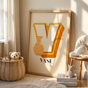Jarrón con la letra V para decorar el aula, póster para aprender las letras del alfabeto en preescolar, arte minimalista para guardería, arte mural con el alfabeto para sala de juegos.