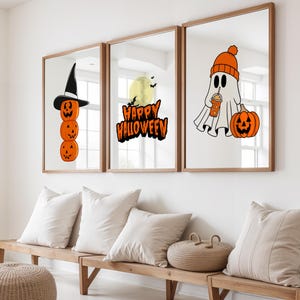 Set of 3 Halloween Wall Art Prints, Witchy Vintage Pumpkin and Bat Decor, Cute Ghost Posters for Kids, Instant Downloadable Prints