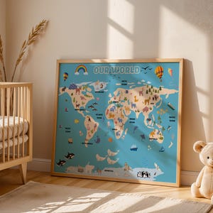 Weltkarte der Tiere für Kinder, Montessori Kinderzimmer Wandkunst, Spielzimmer & Klassenzimmer Dekoration, Lernweltkarte für die Schule zu Hause