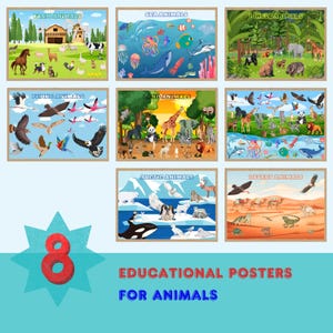 Cartaz de mapa-múndi animal para crianças, impressão educacional para berçário com animais de fazenda, selva, mar, deserto e ártico, decoração de sala de aula Montessori
