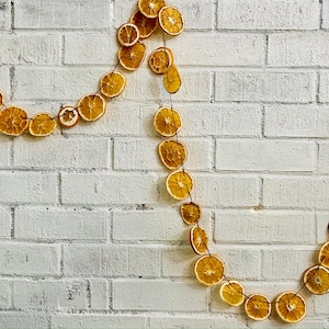 May include: A garland of dried orange slices strung together with twine, hanging against a white brick wall.