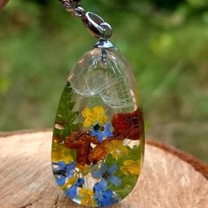 Mushroom Pendant with Fern and Forget Me Not Epoxy Resin Necklace with Wildflowers Handmade Nature Jewelry Gift for Her or Nature Lover