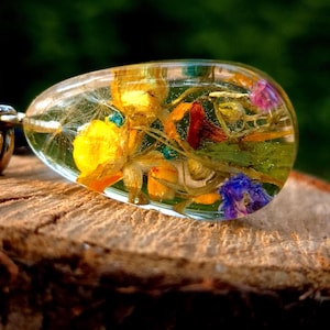 Mushroom Necklace Teardrop Pendant with Dandelion Fluff Real Dried Flowers Botanical Resin Jewelry Handmade Forest Gift Cottagecore Fairy