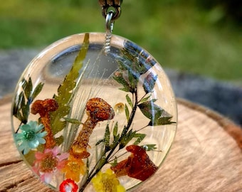 Real Mushroom Fern Flower Resin Pendant, Botanical Terrarium Necklace, Woodland Fairy Jewelry