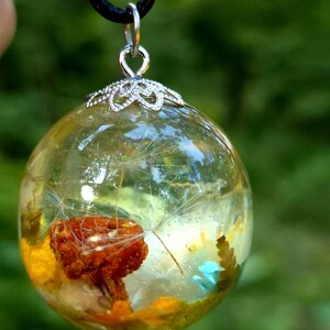 Mushroom Necklace Resin Pendant with Dandelion Fluff Fern Forest Flowers Real Botanical Jewelry Handmade Woodland Fairy Necklace Gift