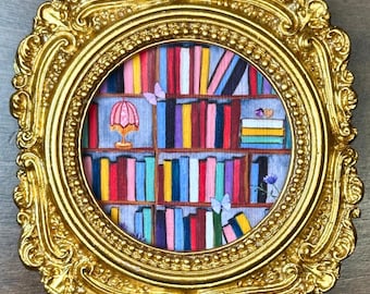 Mini Framed Vintage Bookshelf Art Print, Book Nook Decor, Gift for Book Lovers, Bookshelf Artwork, Cottagecore, Small Framed Artwork