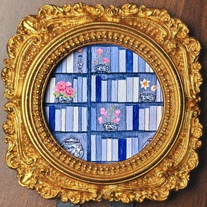 Mini Framed Bookshelf Art Print, Chinoiserie Library Scene, Cottagecore Decor, Small Framed Artwork, Book Lover Gift