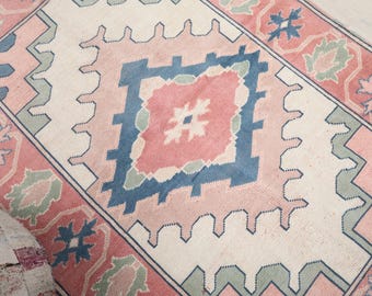 4x6 Pink Blue Turkish Rug, 4x6 Handwoven Wool Rug, 4x6 Oushak Rug, Handmade Rug, Living Room Rug, Vintage Rug, Kitchen Area Rug, Dining Rug