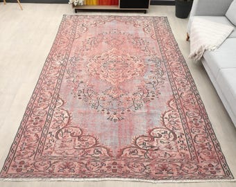 6x10 Beige Pink Brown Rug, Handmade Rug, 6x10 Oushak Rug, Wool Floral Rug, Faded Area Rug, Vintage Rug, Kitchen Wool Rug,Living Room Rug
