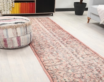 3x12 Floral Pink Vintage Runner, 3x12 Bohemian Runner, Oushak Runner, Handmade Rug, Turkish Runner, Kitchen Runner, Neutral Runner,Faded Rug