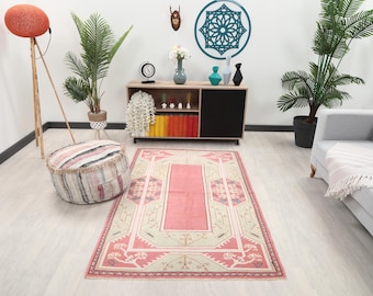 4x6 Pink Turkish Rug, 4x6 Handwoven Wool Rug, 4x6 Oushak Rug, Handmade Rug, Living Room Rug, Vintage Rug, Kitchen Area Rug, Dining Room Rug