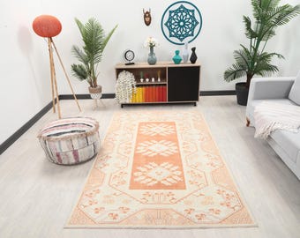 Alfombra vintage naranja, rosa y beige de 1,5 x 2,5 cm, hecha a mano, Oushak, bohemia, antigua, de cocina, turca, para salón o cocina.