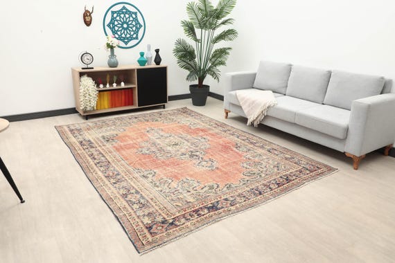 200x300 Rot Blau Türkischer Teppich, 200x300 Oushak Teppich, Handgemachter Teppich im Schlafzimmer, Bohemain Wollteppich, Vintage Teppich, 200x230 Küchenteppich, Wohnzimmer
