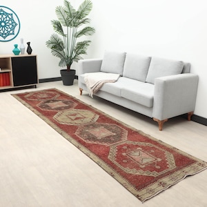 Alfombra alargada geométrica roja y beige de 3 x 9 pies, alfombra alargada Oushak de 3 x 9 pies, alfombra hecha a mano, alfombra vintage, alfombra alargada neutra estampada, alfombra alargada estilo boho turco, alfombra desteñida