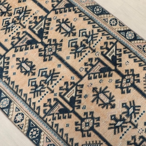 3x12 Beige Blue Floral Turkish Runner, 3x12 Oushak Runner, 3x12 Bohemian Runner, Handmade Rug, Vintage Rug,Patterne Neutral Runner,Faded Rug
