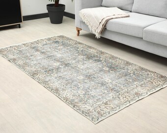 4x7 Beige Blue Turkish Rug, 4x6 Handwoven Wool Rug, Oushak Rug, Handmade Rug, Living Room Rug, Vintage Area Rug, Kitchen Rug,Dining Room Rug